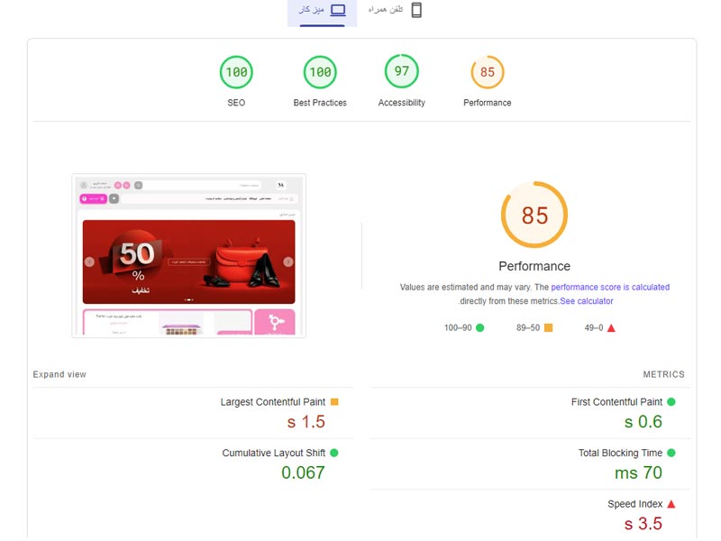 نتیجه PageSpeed Insights سایت میس استایل برای دسکتاپ